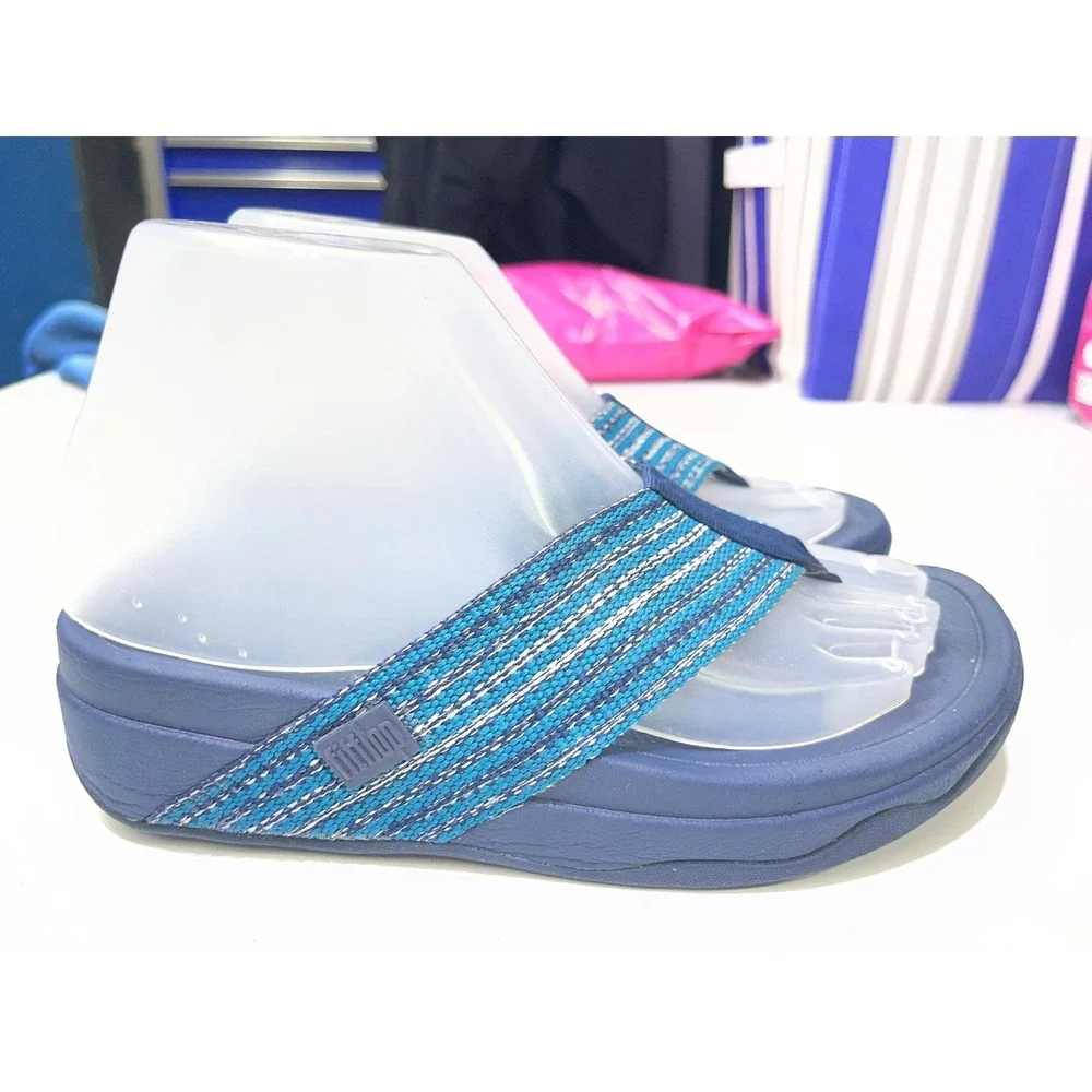 FitFlop Surfa Navy Teal Striped Webbing Sandals Womens 5 H84-641